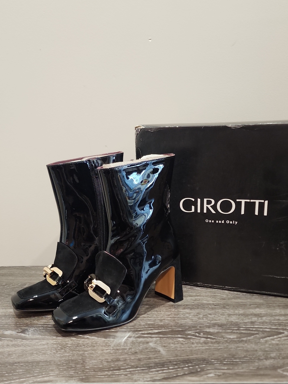 BN Girotti Square Toe Patent Leather Goat Suede Block Heel Booties